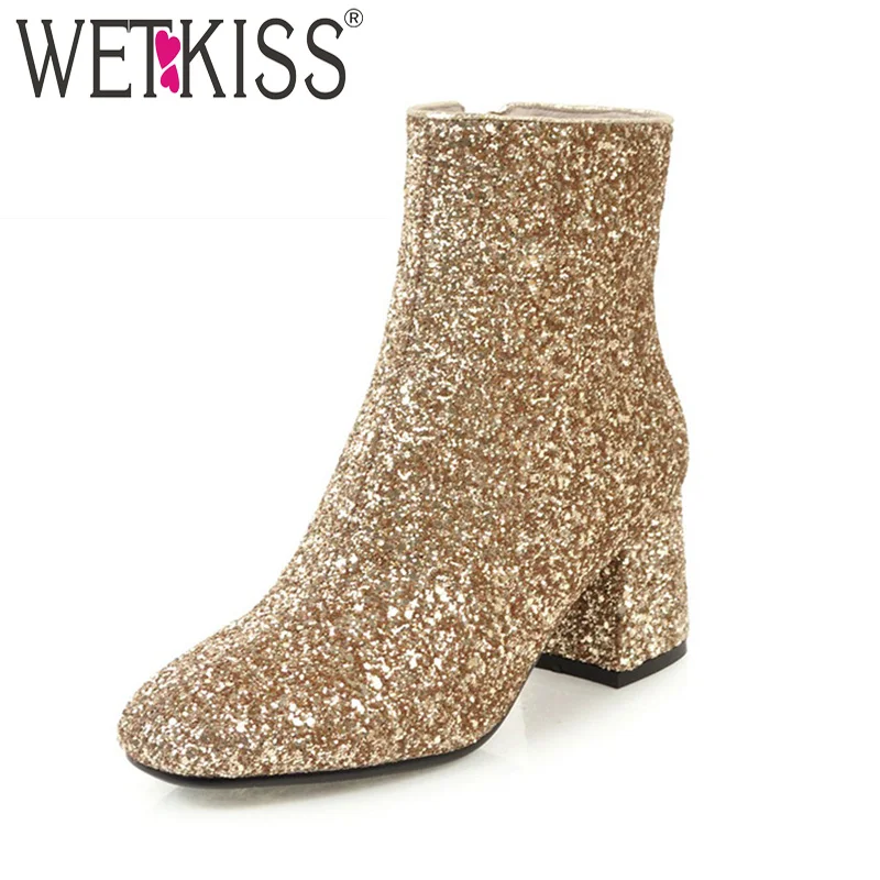 WETKISS/2021 Bling верх Женские ботильоны Модные блестящие женские туфли на молнии На