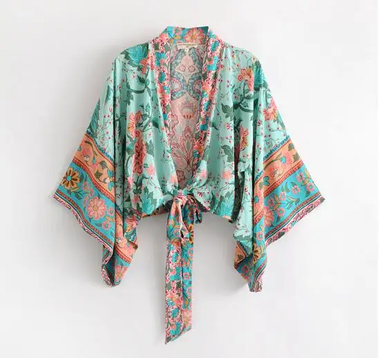 Богемное кимоно с цветочным принтом и галстуком бабочкой винтажная женская