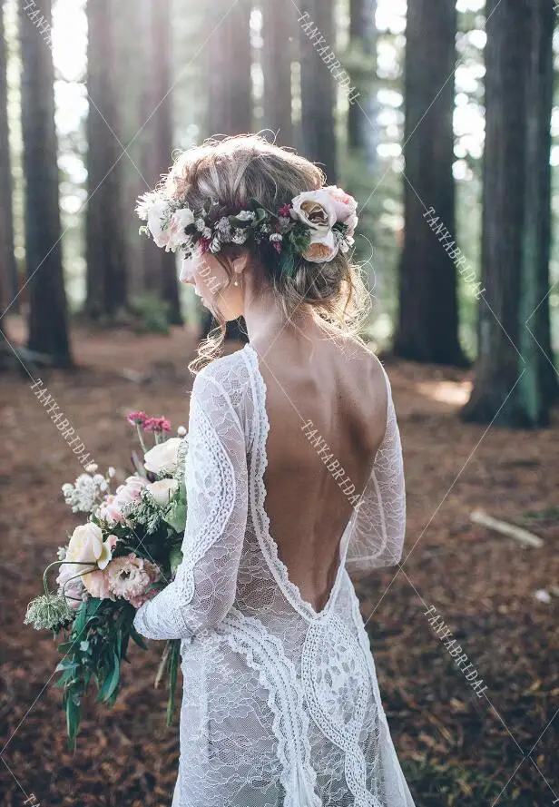 Эксклюзивные роскошные кружевные свадебные платья в богемном стиле, Романтические свадебные платья с длинным рукавом, Vestido De Noivas DW119 - Цвет: Ivory with nude