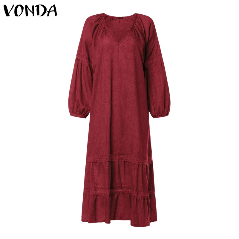 VONDA женское Макси длинное платье 2019 осеннее винтажное повседневное свободное с