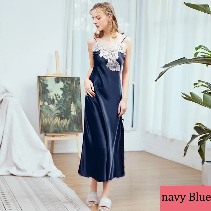 Navy Blue AEOZRING ночное белье женское сексуальное атласное белье кружевная сорочка ночная рубашка Loungewear халат сексуальная одежда для сна m-xl - Цвет: Navy Blue