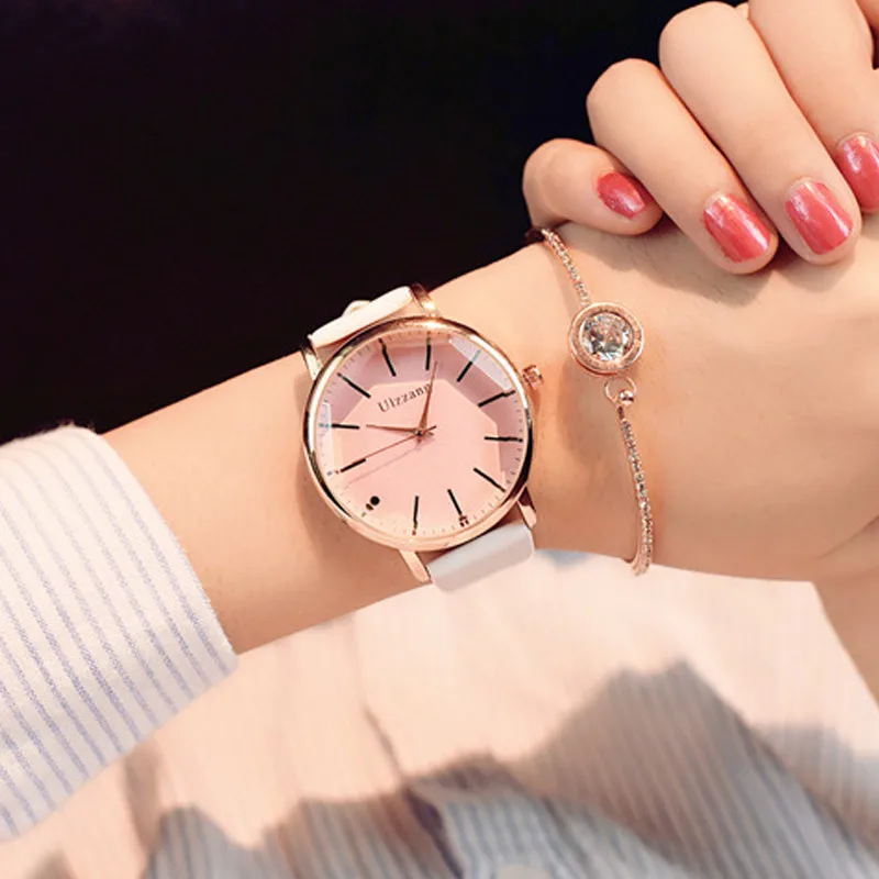 Pink glass white Полигональный циферблат дизайн женские часы Роскошная мода платье кварцевые часы ulzzang популярный бренд белые Наручные часы с кожаным ремешком - Цвет: Pink glass white