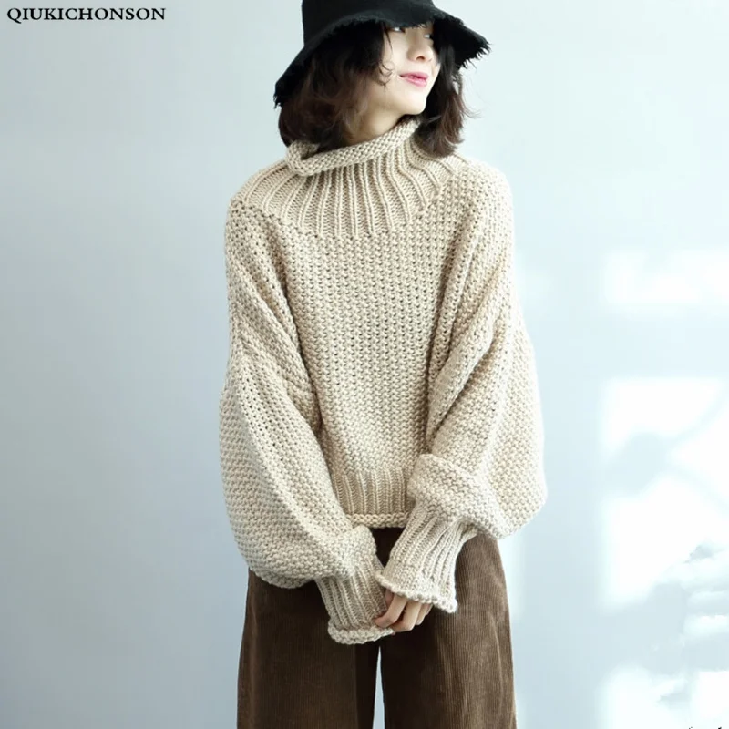 Размера плюс Свитеры с высоким воротом женские осень-зима в винтажном стиле С