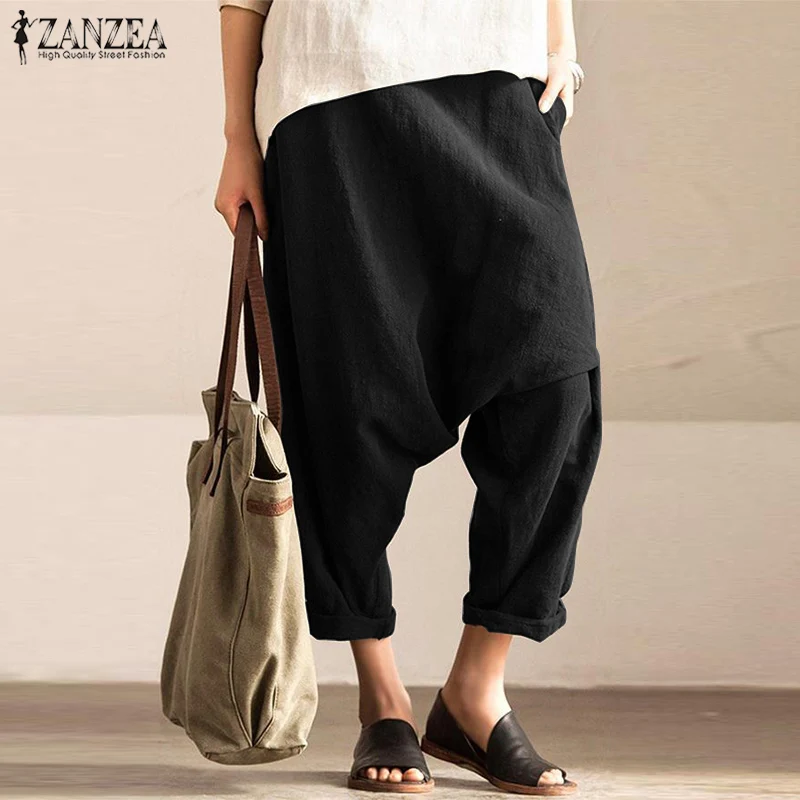 Черный ZANZEA Women Cotton Linen Drop Crotch Pants Autumn Vintage Elastic Waist Solid Harem Trousers Casual Pantalon Turnip Robe Femme - Цвет: Черный
