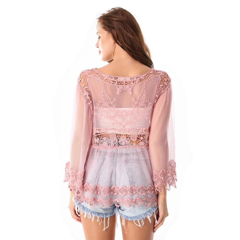 Кружевная блузка seoaf летняя женская винтажная с длинным рукавом и круглым