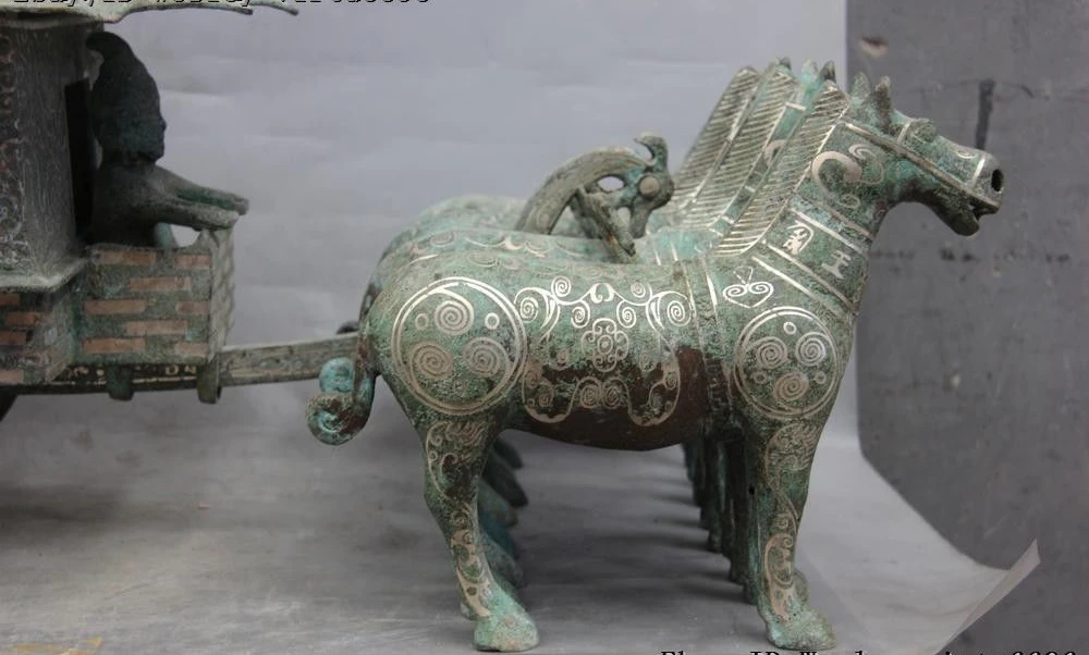 11 китайская династия Бронза Медь Серебро позолоченная лошадь тянутая тележка