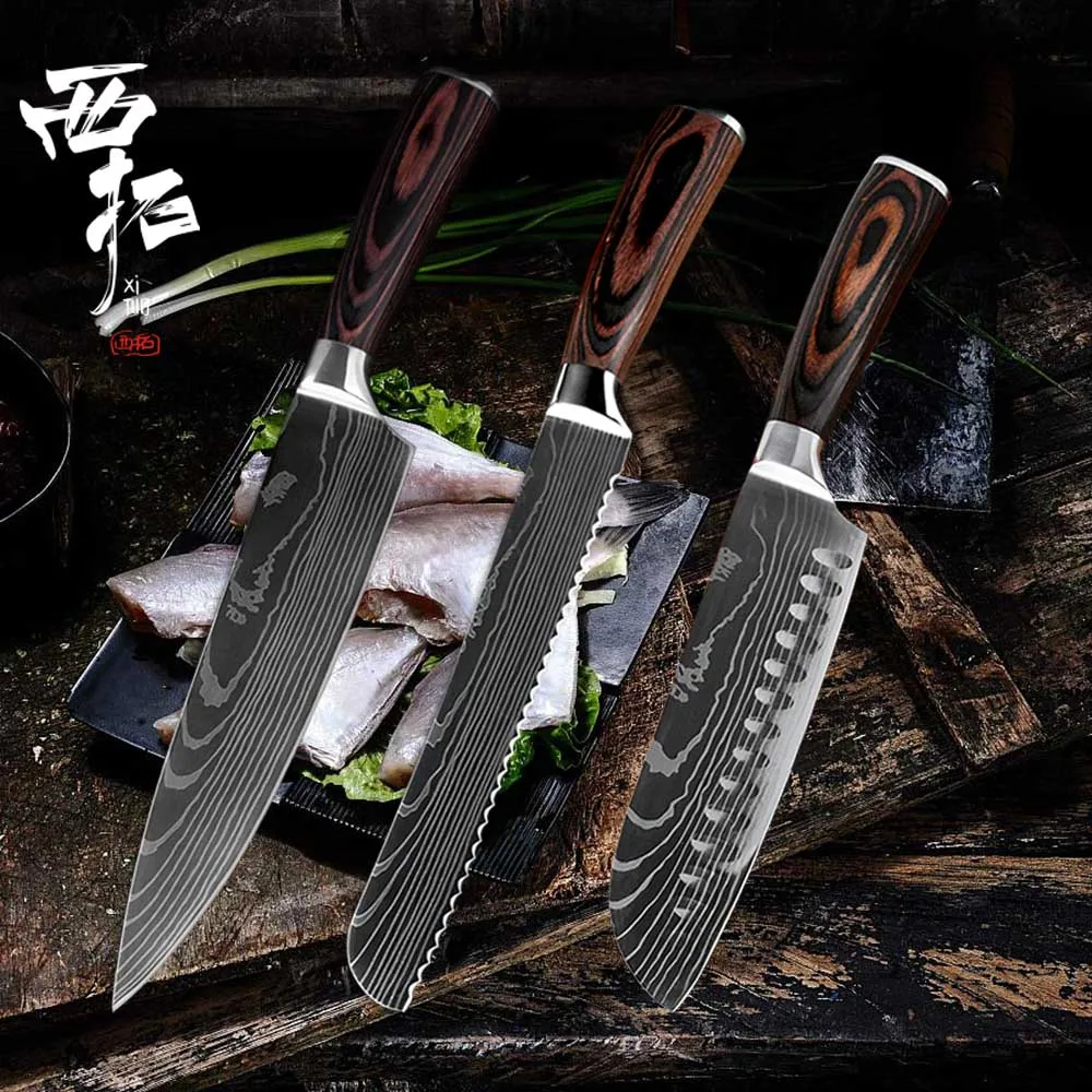 3PCS Set-A XITUO профессиональный нож шеф-повара Santoku для резки мяса хлеба фруктов овощей антипригарный китайский кухонный нож лазерный дамасский узор - Цвет: 3PCS Set-A