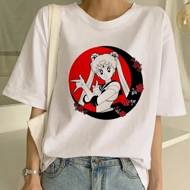 Сейлор Мун летняя новая модная футболка Женская Harajuku с коротким рукавом забавная футболка Ulzzang Милая футболка с котом Мультяшные футболки женские - Цвет: 18