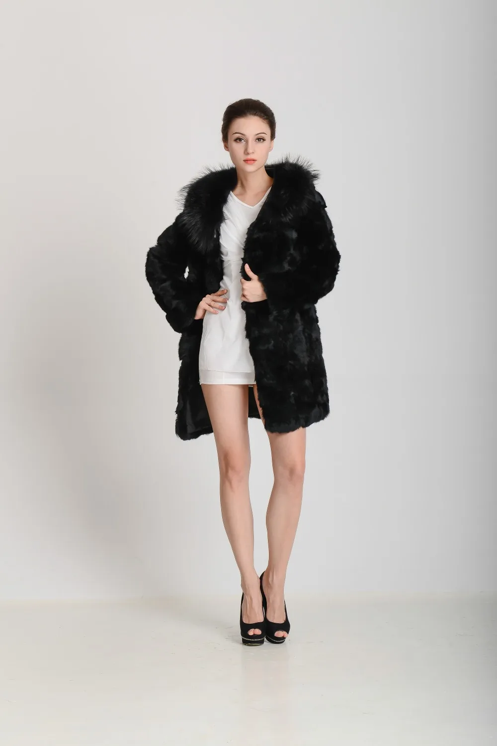 Luxury Genuine Thick Rabbit Fur Coat with 100% Real Fox Collar Warm Winter Long Jacket Factory Wholesale Overcoat KAH268 | Женская
