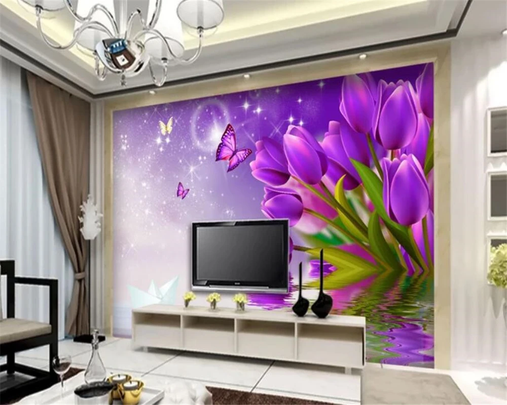 

Beibehang Custom tulip fashion butterfly wall mural photo wall landscape wallpaper living room home decor papel de parede