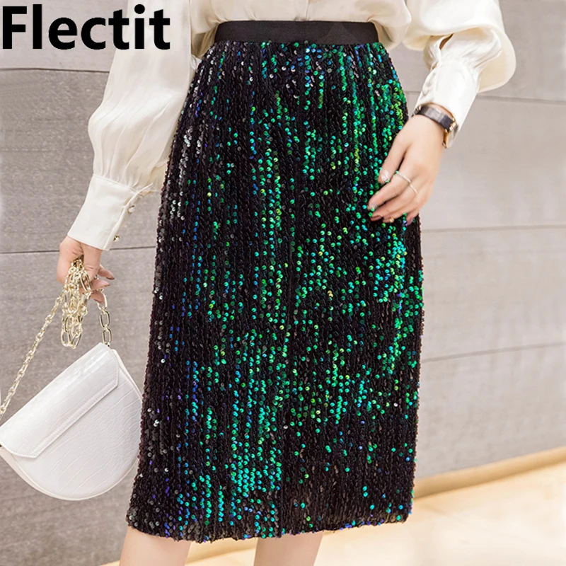 Женская юбочка с блестками Flectit темно зеленая иридиевая синяя высокой