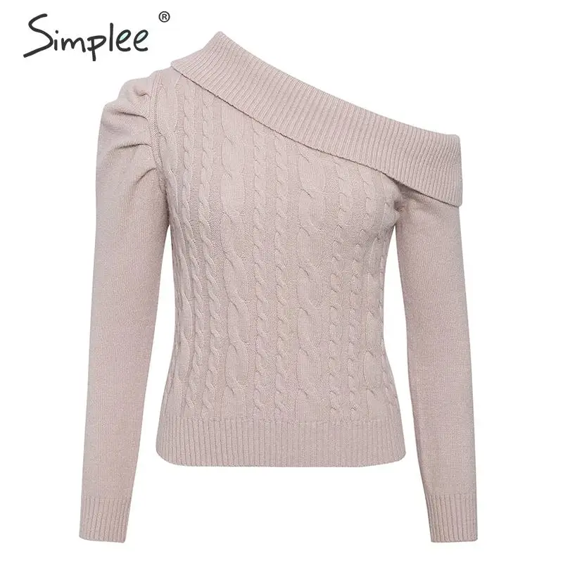 Simplee Sexy irregular knitted sweater women Asymmetrical puff shoulder pullover female jumper Ladies solid winter sweater - Цвет: Nude-Pink