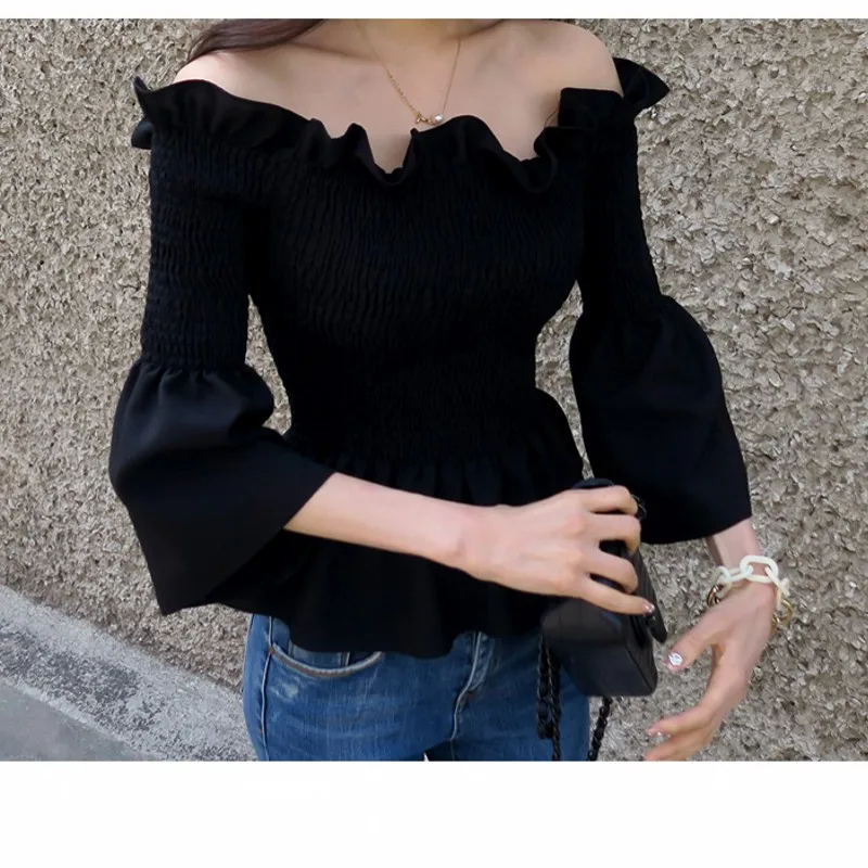 

2022 NEW Chiffon Blouse Women Slash Neck Ruffles Long Sleeve Blouses Shirt Spring Summer Elastic SEXY Blouse Top Blusas