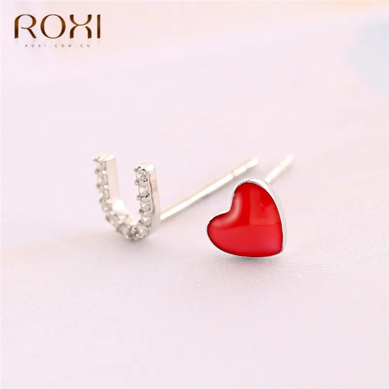 ROXI красный, глянцевый сердце серьги стержня для Для женщин Асимметричная личность U серьги в форме кристаллов 925 пробы Серебрянные Сережки для невесты