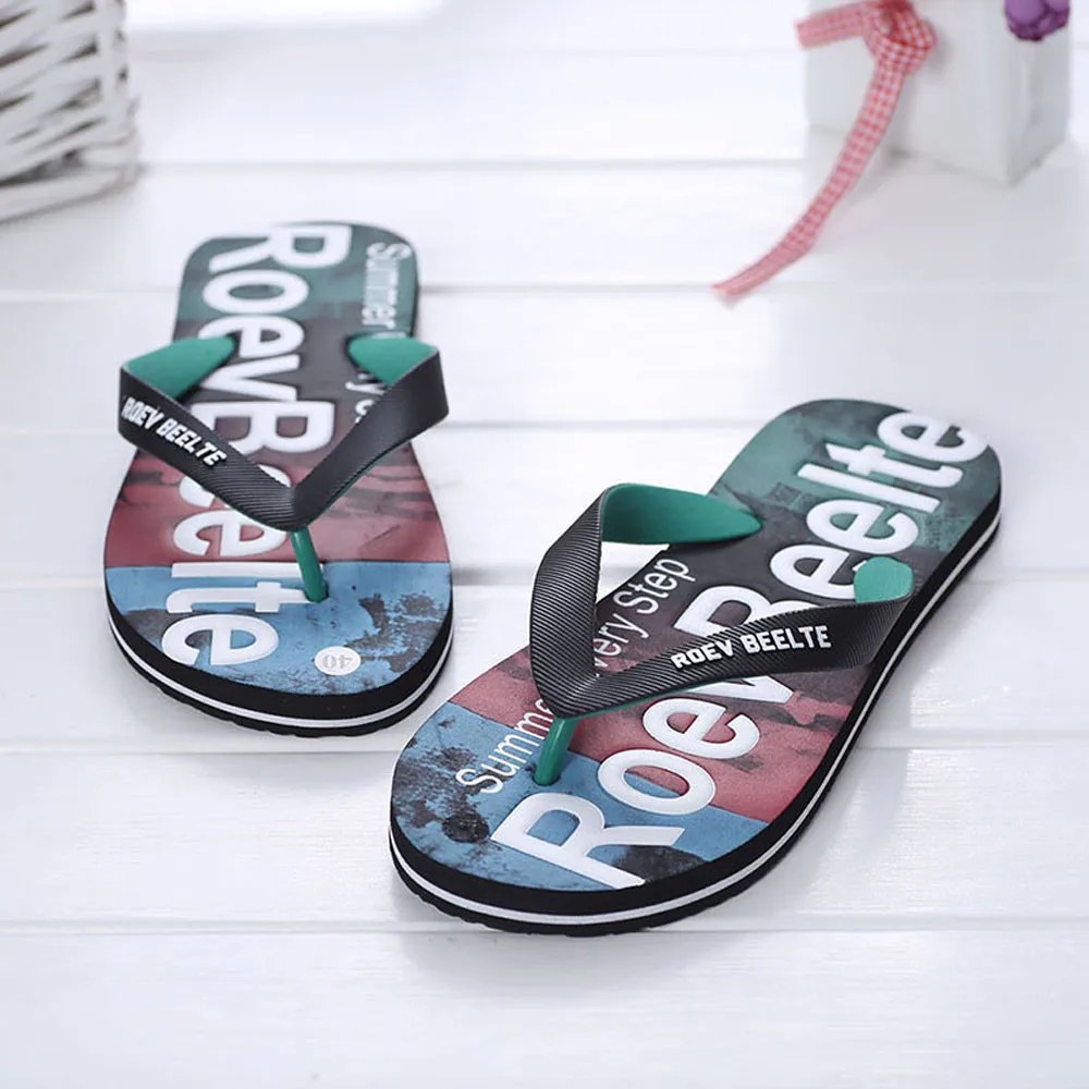 Шлепанцы мужские из ЭВА плоская подошва с надписью разноцветные сандалии