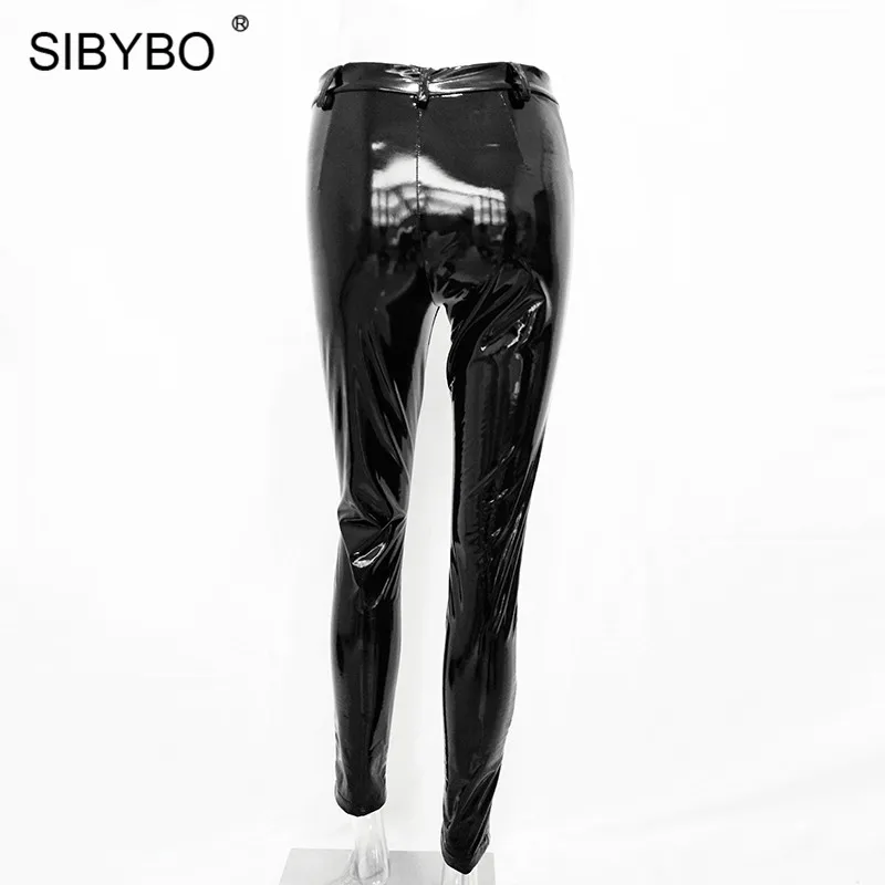 Sibybo/повседневные женские брюки с высокой талией из искусственной кожи; Новинка осени; узкие брюки-карандаш с пуговицами; черные пикантные женские брюки