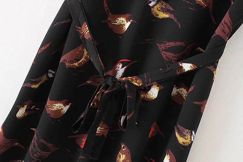 VOGUE! N Новое Женское модное мини-платье с отворотом и принтом птиц с коротким рукавом и поясом черного цвета