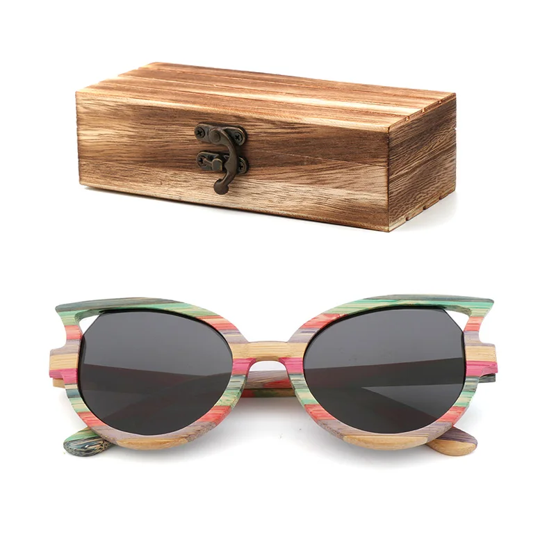 wood box Роскошные модные женские солнцезащитные очки кошачьи глаза, поляризованные очки для мужчин и женщин, цветные бамбуковые солнцезащитные очки для путешествий с деревянной коробкой для очков - Цвет линз: wood box