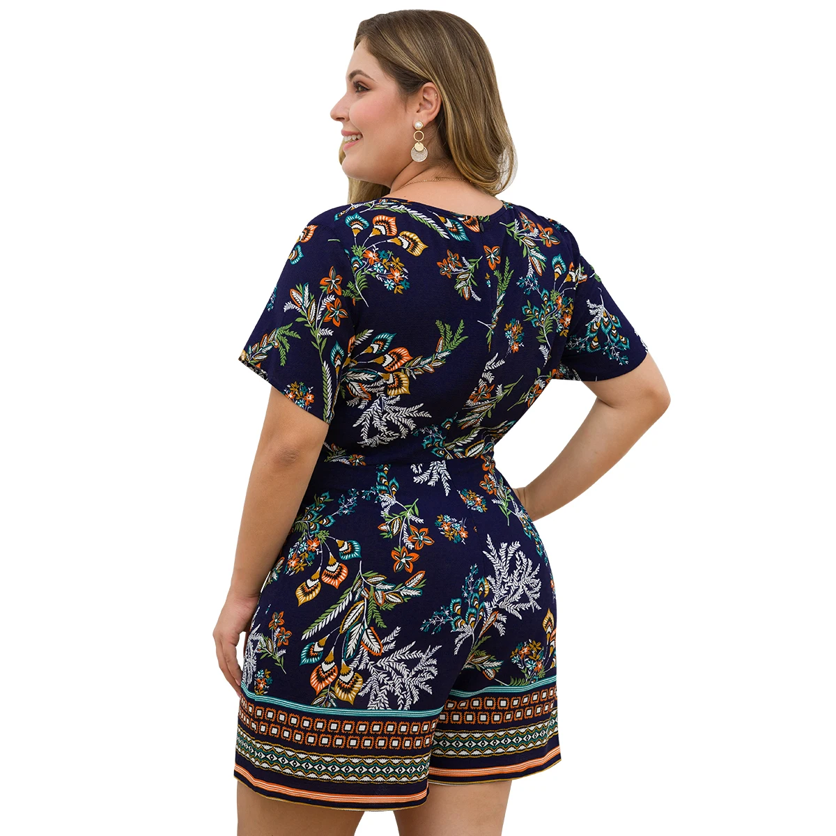 Plus size casaul women playsuit summer short sleeve V neck holiday overalls print high waist loose rompers streetwear 2019 | Женская