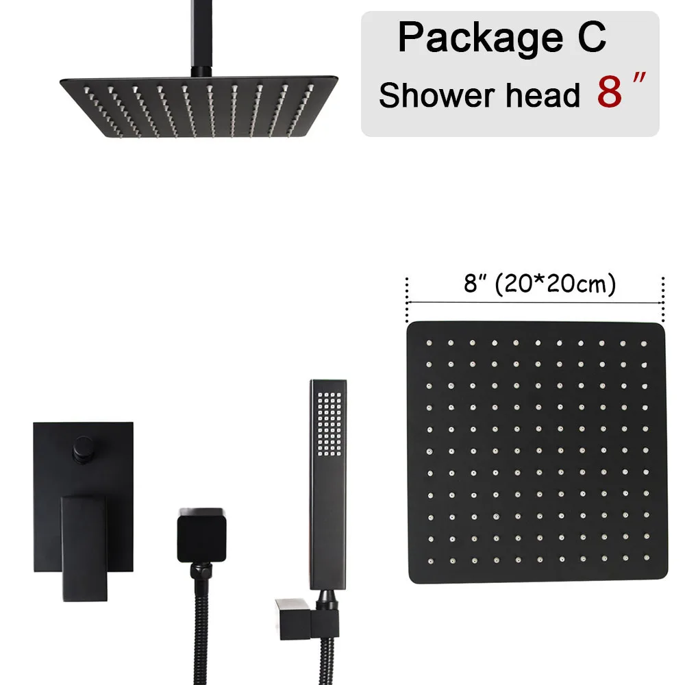 8 inch ceiling Ванная комната квадратная форма в потолочный Душ Набор с черным покрытием для ванной переключателем смеситель 8/10/12 дюймов дождь Душевая Головка - Цвет: 8 inch ceiling