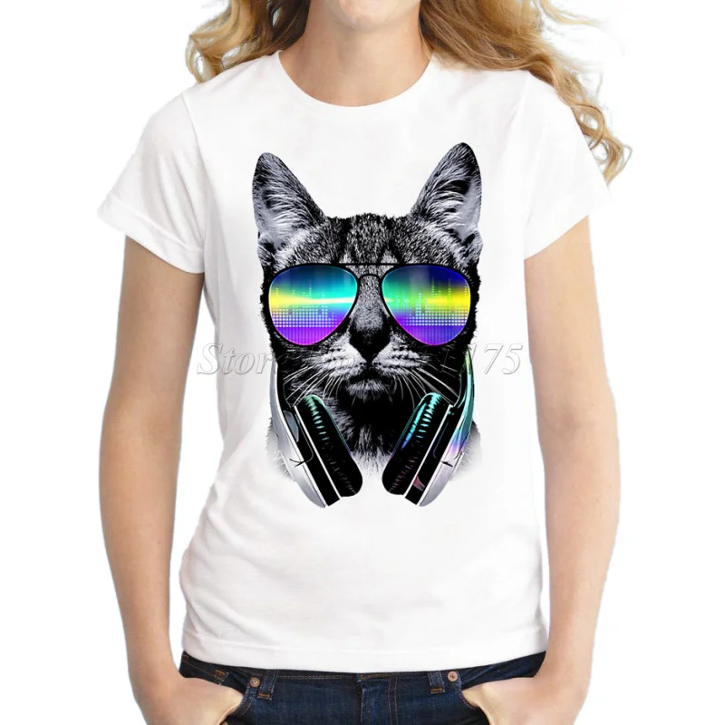 Женская футболка с коротким рукавом модный Забавный музыкальный Кот диджей