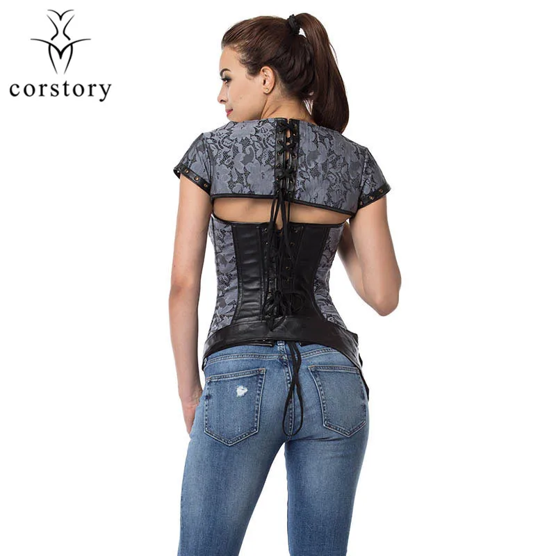 

Corzzet Vintage Gothic Brown Brocade Steel Boned Overbust Corsets And Bustiers With Jacket Waist Trainer Steampunk Corset
