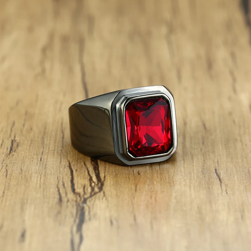 Vantage Black Stainless Steel Men's Signet Ring Square Red Zircon Stone Party Brands Fashion Male Classic Jewelry