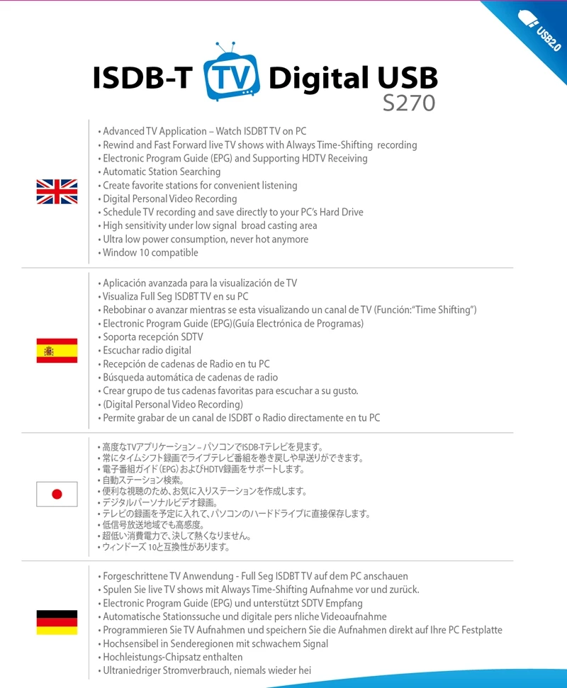 ISDB-T full seg GENIATECH Mygica S270 цифровой HDTV USB палка для Японии Бразилии Аргентина Перу Чили с Испанский Португальский