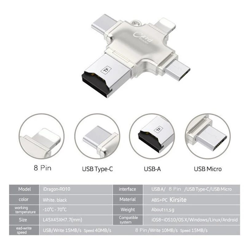 Металлический SD кард ридер microsd карта памяти OTG адаптер для iphone ios tipo c 4 в 1 Android