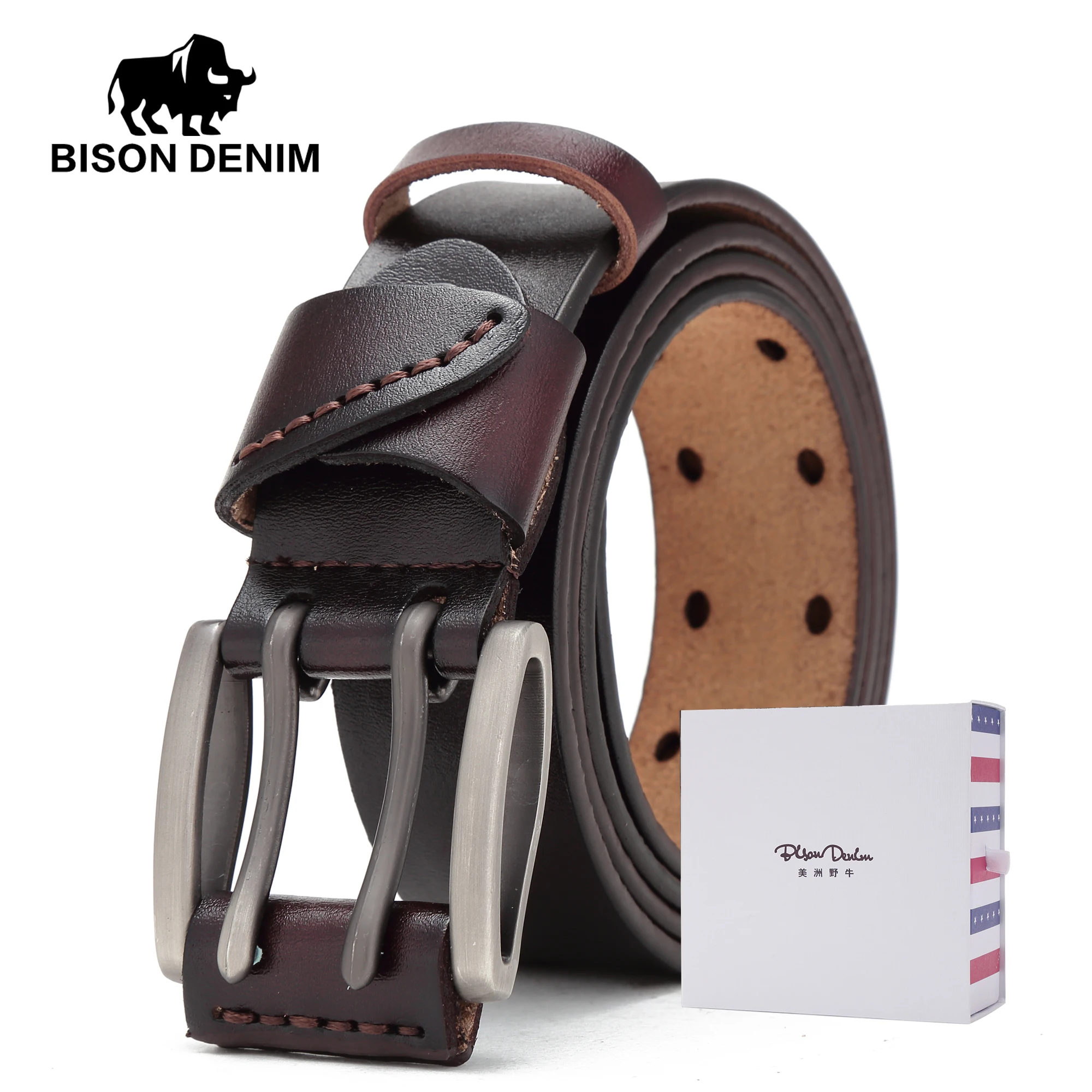 BISON DENIM мужской ремень из натуральной кожи, мужские ремни, винтажный кожаный ремень с пряжкой, пояс для мужчин, подарок на Рождество и год N71247 - Цвет: coffee with box