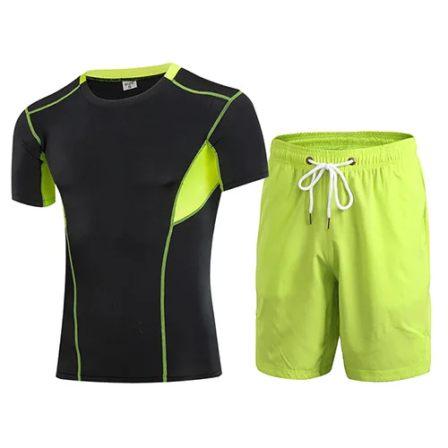 topBgreen pant green Летний для мужчин's комплект для бега тренажерный зал фитнес-плотно рубашки с короткими рукавами и шорты для женщин спортивный костюм дышащие черны - Цвет: topBgreen pant green
