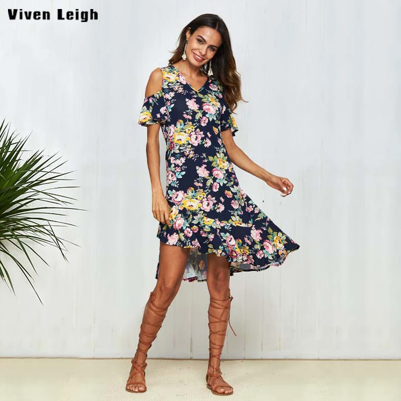 Viven Leigh Цветочный принт с открытыми плечами рюшами подол платья 2018 Лето V шеи