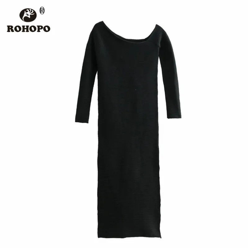 ROHOPO One Shouder Autumn Long Sleeve Midi Dress Solid Black Knitted Elastic Slim Body Straight Casual Vestido #UK8647 | Женская одежда