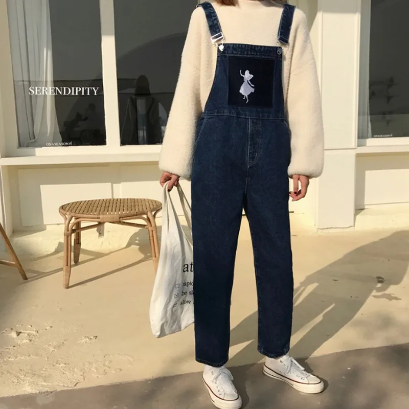 Spring Autumn Contrast Print Denim Jumpsuits Women Vintage Fashion New Jean Overalls for Loose Long Pants Jumpsuit | Женская одежда