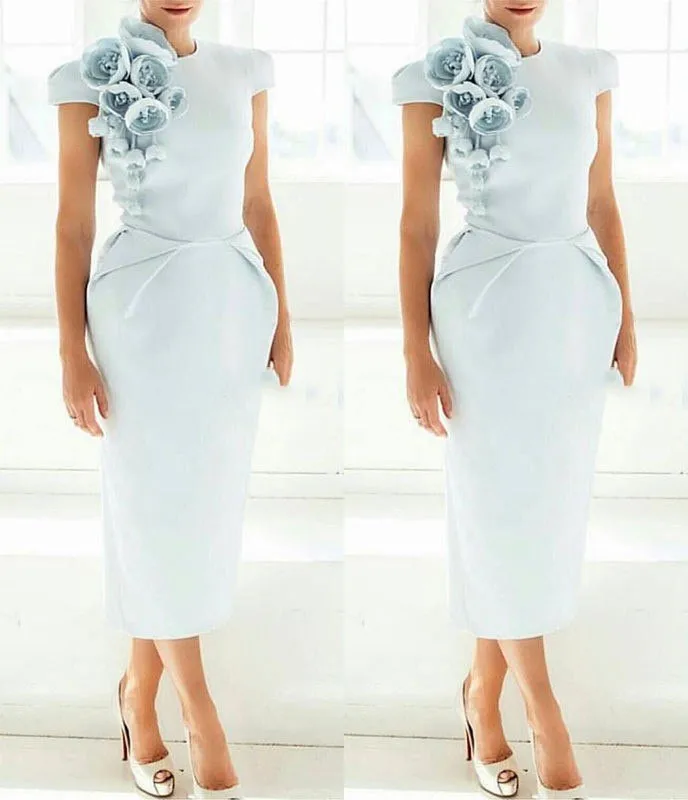 New Arrival Cap Sleeves Tea Length sky Blue evening Dress with Flowers Short Formal Occasion Party 2021 | Свадьбы и торжества