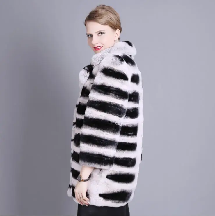 Natural Rex Rabbit Fur Coat Suit Collar 70cm Medium Long Fur Coat for Women Chinchilla Color Real Fur Winter Jacket enlarge