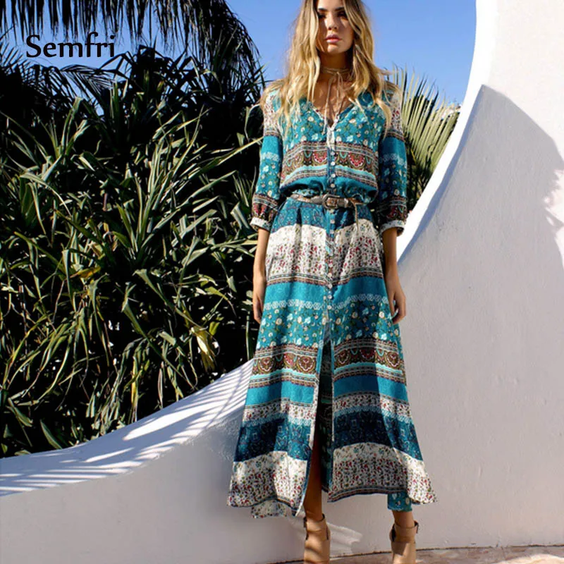 Sempi boho Макси платье женское летнее Сексуальное цветочное с рукавом три четверти