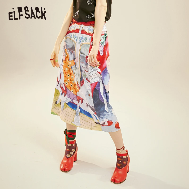 ELFSACK Fashion Cartoon Print Women Skirt Summer Vintage A-line Mid Waist Female Skirts Streetwear Casual Femme Bottoms