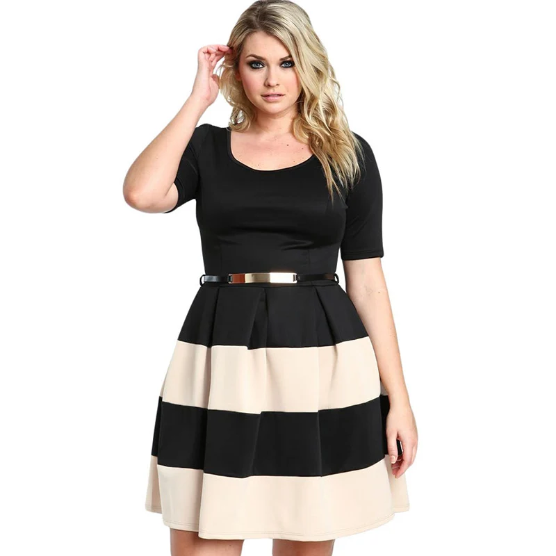 Одежда Для женщин Повседневное Летний стиль блок Striped Belted плюс Размеры