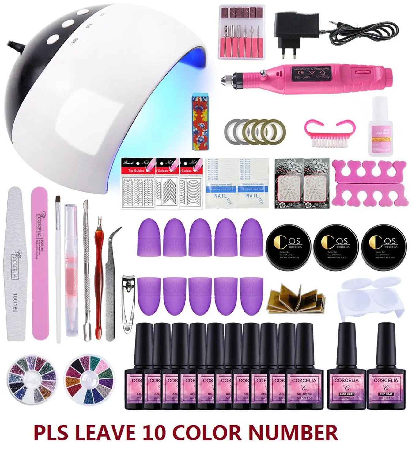 24W 10 color set Полный для ухода за ногтями Маникюрный набор с 80/36/24W УФ-светодиодный светильник для нейл Арта, комплект инструментов и био-Гели Soak Off Гель-лак для ногтей, сверлильный станок для маникюрного набора - Цвет: 24W 10 color set