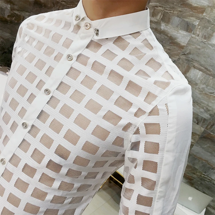 

2018 Mens See Through Shirts Asian Fashion Mens Perspective Shirt Mens Club Outfit Plaid Shirts Black White Sexy Camisa Slim Fit