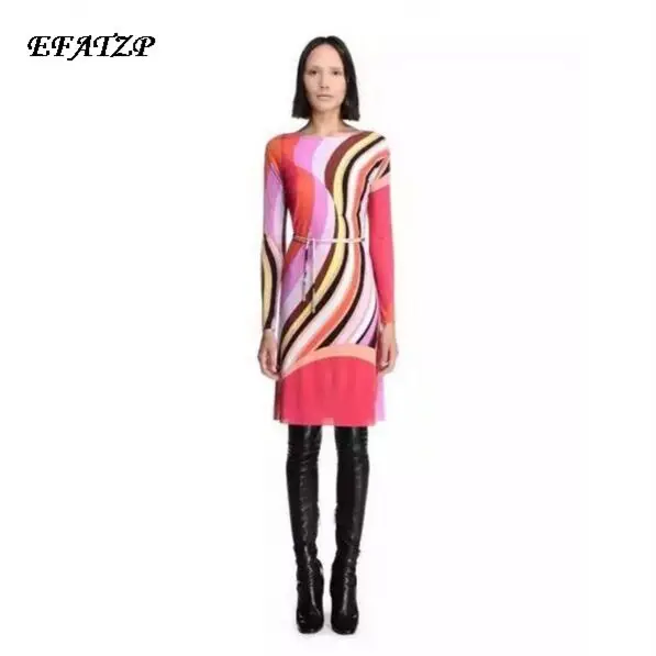 

EFATZP Luxury Brands stretch Print Dress Autumn Women's Red Charming Geometric Spandex Stretchable Signature Dresses