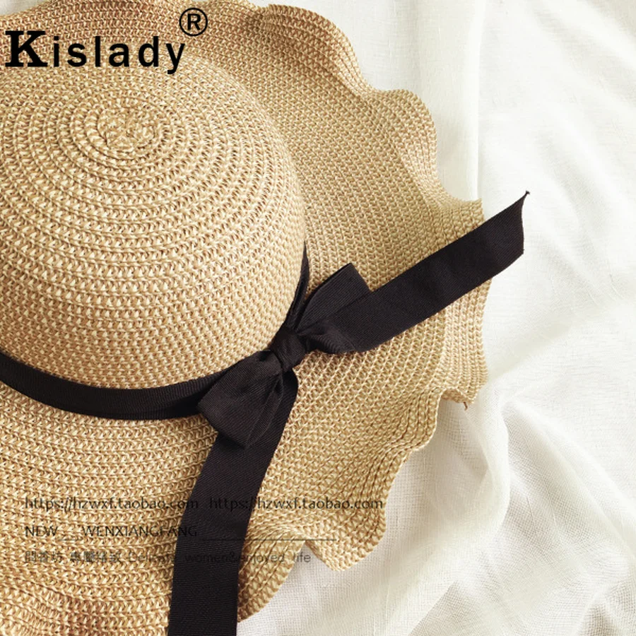 Kislady модная черная лента большая волна солнцезащитные шляпы для женщин