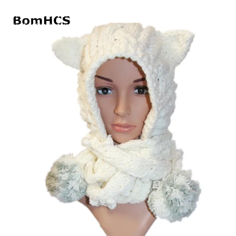 BomHCS Cute Cat Ears Beanie Scarf & Gloves (2PCS SUIT) Handmade Winter Warm Caps Thick Knitted Hat Christmas Gift