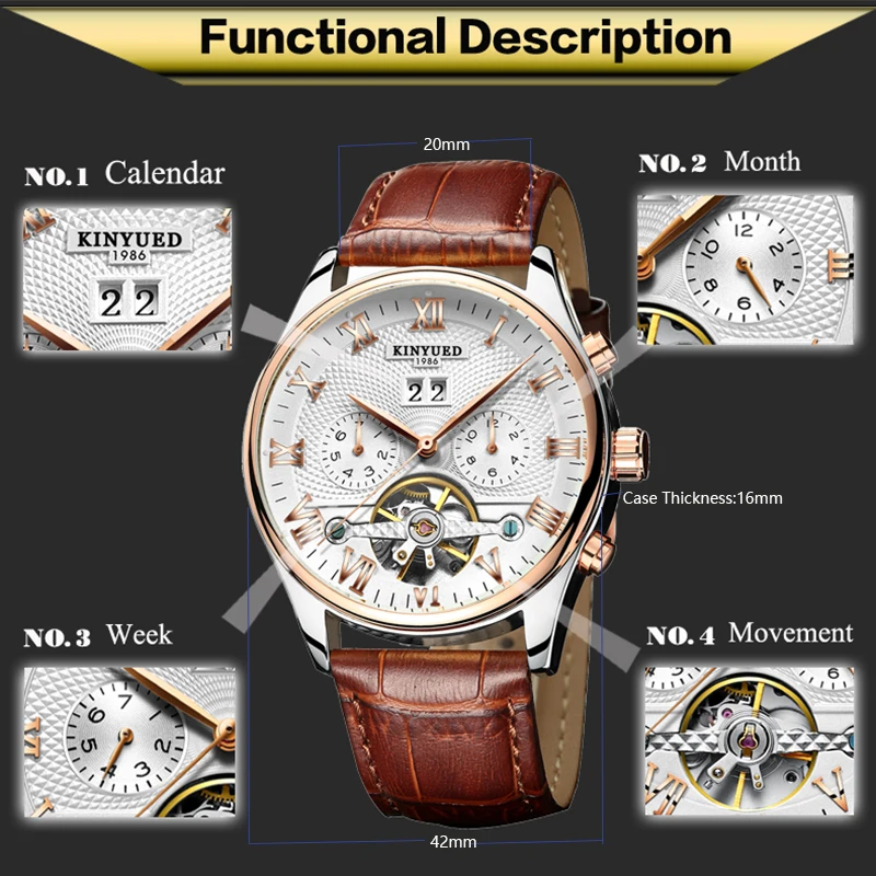 KINYUED Tourbillon механические мужские часы повседневные деловые с скелетом