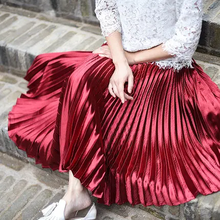 2017 Новый Женщины Плиссированные Нижней Расширение Металл Цвет Бюст Юбка Рябить