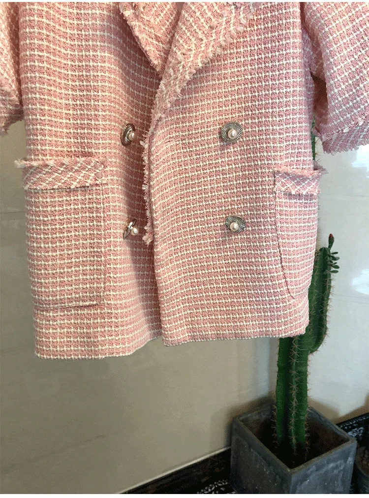 Женская твидовая куртка с коротким рукавом подиумная дизайнерская двубортная