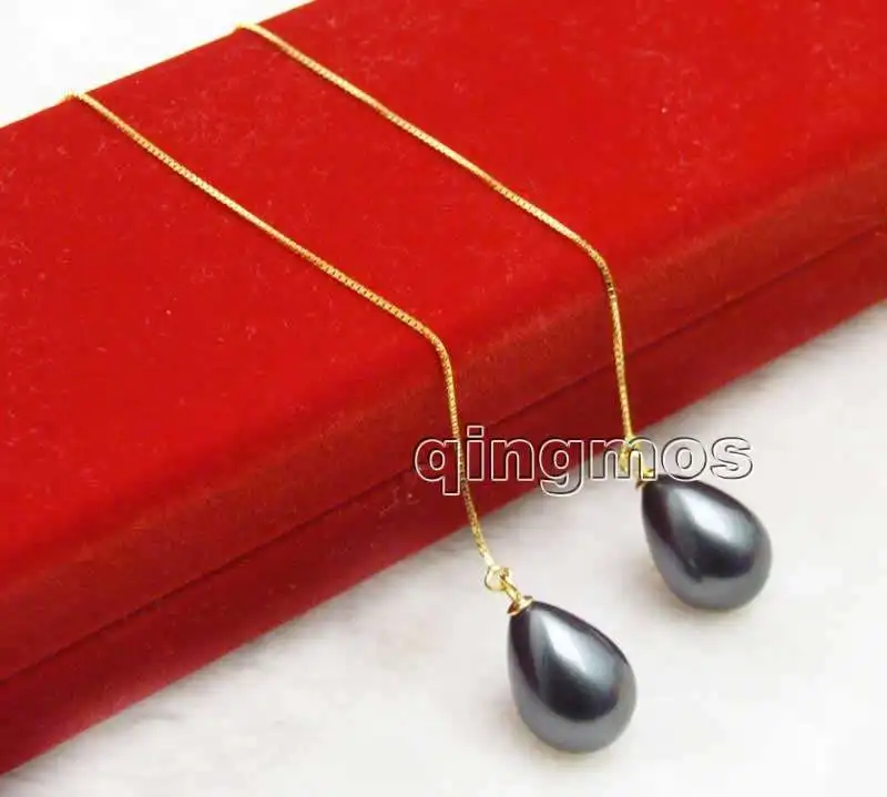 

Fashion Big 12*16mm Black Drop Sea shell pearl and Gold-Color sterling silver s925 Ear Line dangle 4.5'' Earring-ear653