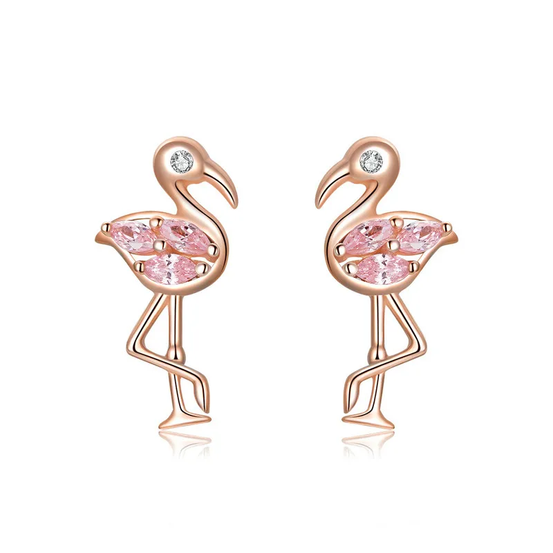 BISAER Flamingos Earrings 925 Sterling Silver Tropical Stud for Women Pink Zircon Jewelry EFE120 | Украшения и аксессуары
