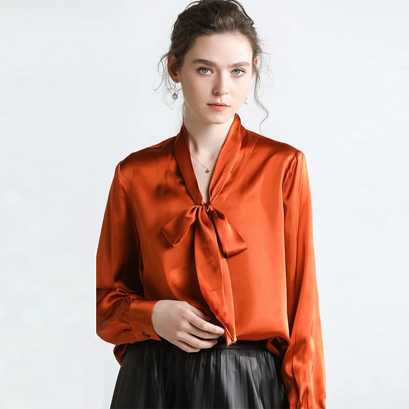 2019 Spring Retro Vintage Elegant Office Work Stand Neck Bow Collar Long Sleeve Solid Real Silk Shirt Blouses Tops Q728 |